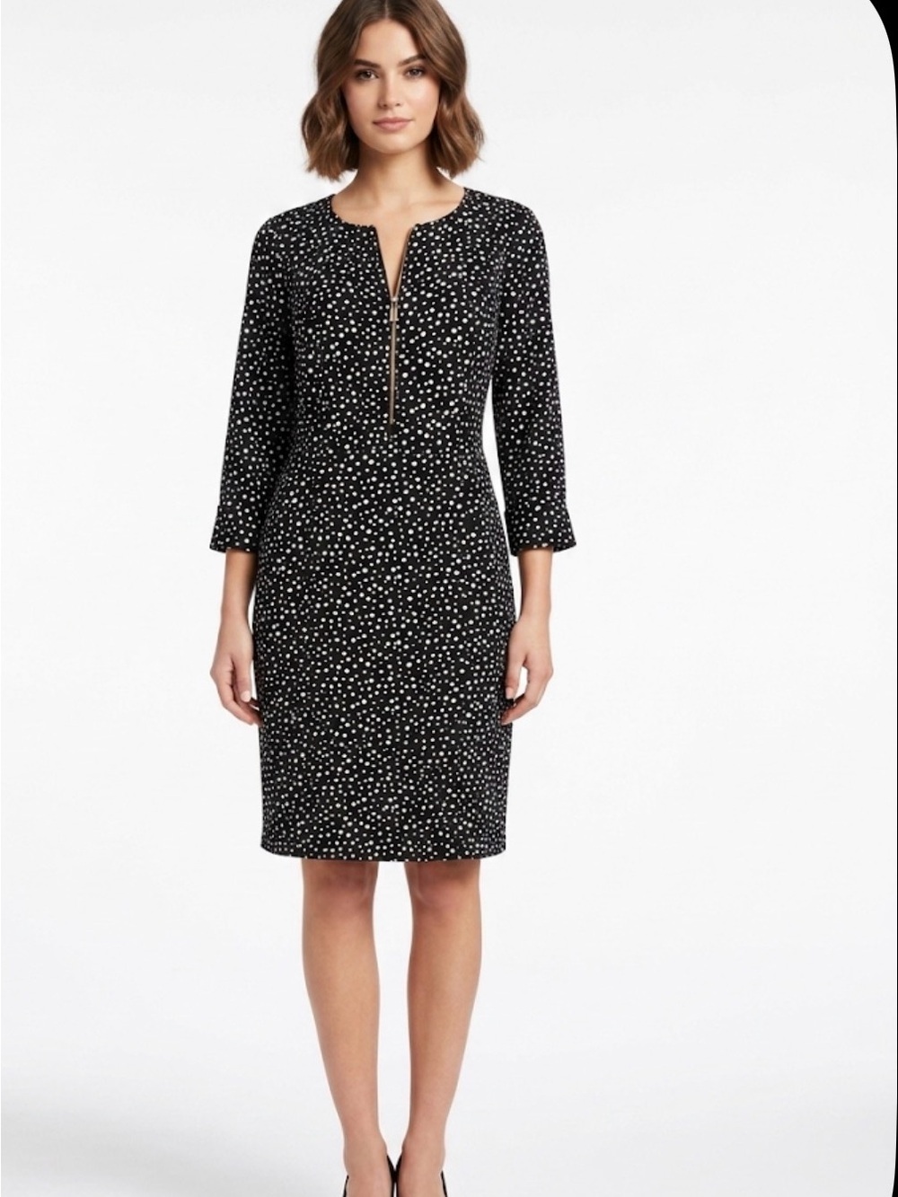 Lane Bryant Black Polka Dot Midi Dress with Front Zip